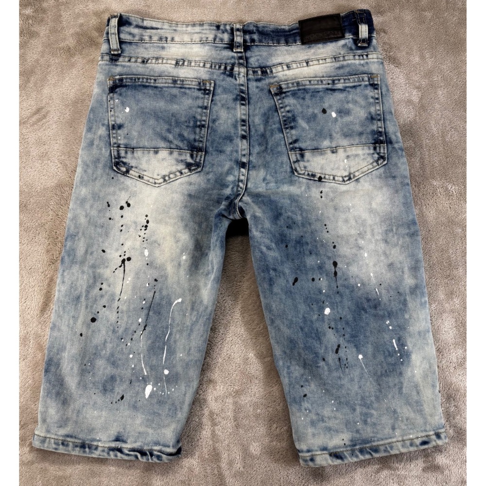 Rock Salt Denim Shorts Kids 16 Blue Distressed Paint Splatter Acid Wash - Picture 2 of 6